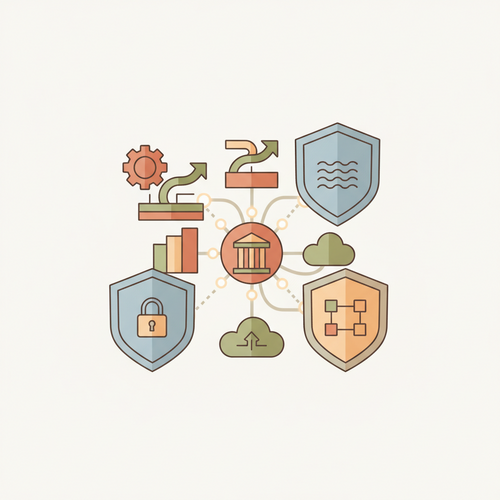 Flat design illustration showing a network of financial instruments, some with a shield icon representing covenant protection, and flowing water representing liquidity, with a magnifying glass examining a financial document in the context of High-Yield Debt Syndication.