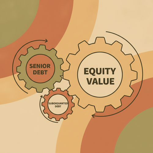 Leveraged Buyout Capital Engineering illustration showing interconnected gears of senior debt, subordinated debt, and equity driving value.