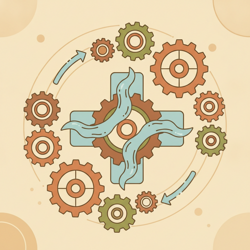 Conceptual illustration of medical cohort debt engineering with gears and liquidity flow, symbolizing tailored financial management and refinancing in healthcare.