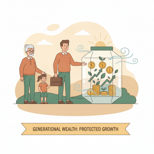 Illustration of a Grantor Retained Annuity Trust protecting multi-generational wealth against inflation, with stylized assets growing inside a trust container.