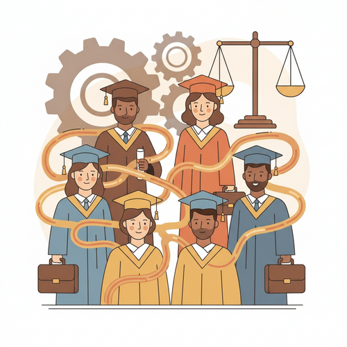 Flat design illustration of graduates and financial symbols representing Income Share Agreements financial modeling and regulatory compliance in human capital contracts.