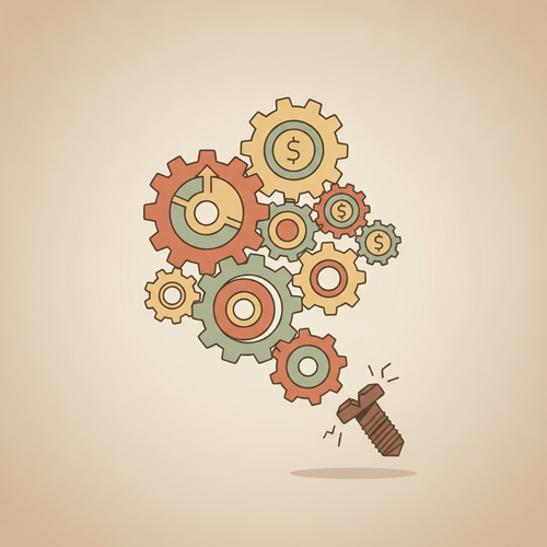 Flat design illustration depicting interconnected gears, one with a loose bolt, symbolizing covenant-lite loan vulnerabilities within private credit syndication and institutional lending.