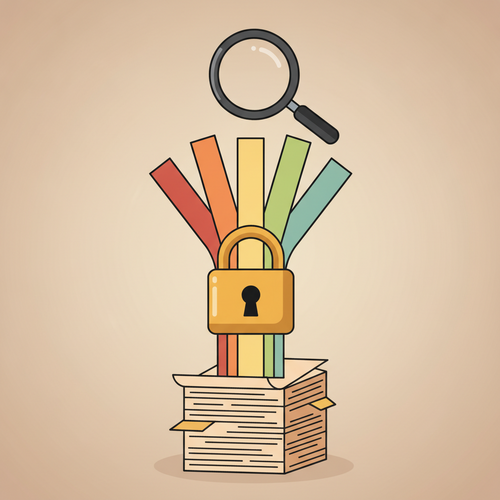 Flat design illustration of a stack of stylized financial documents representing private student loans, secured with a strong lock and connected to different colored bond tranches, symbolizing private student debt securitization and risk mitigation in a professional financial context.