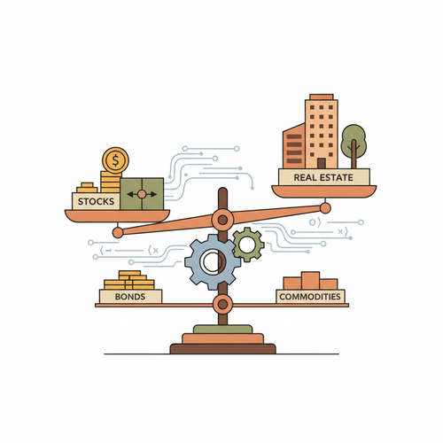 Flat design illustration of Quantitative Risk Parity architectures balancing asset weights with algorithmic precision, depicting automated multi-asset allocation principles.