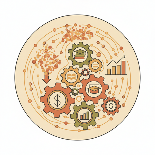 Flat design illustration showing interconnected gears representing complex financial mechanisms, with student loan documents and data points flowing between them, symbolizing securitized student debt portfolio modeling.