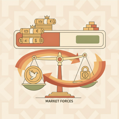 Conceptual illustration of a stylized balance sheet with sovereign bonds, scales representing monetary policy, and arrows indicating market forces. Professional, clear, and financially relevant.