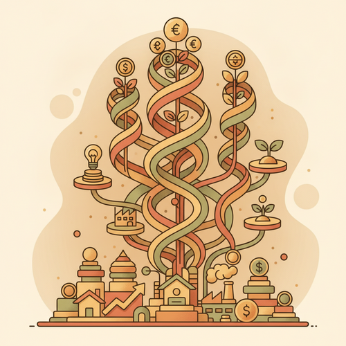 Illustration depicting interconnected financial systems representing high-net-worth wealth architecture and multi-generational planning.