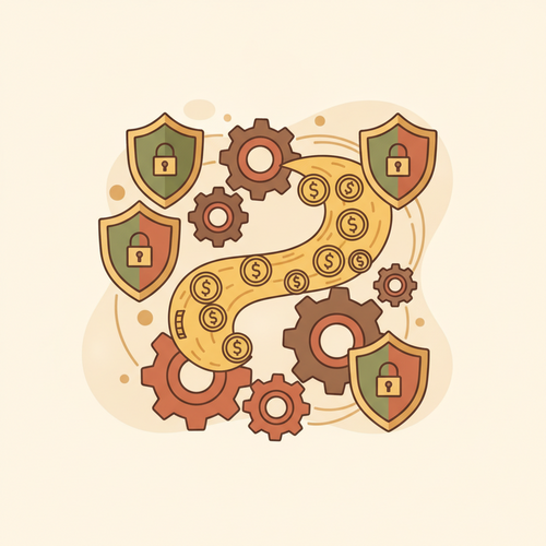 Flat design illustration representing Strategic Liquidity Architecture with gears, shields, and flowing cash flow, symbolizing tax-advantaged deployment and capital shielding protocols.