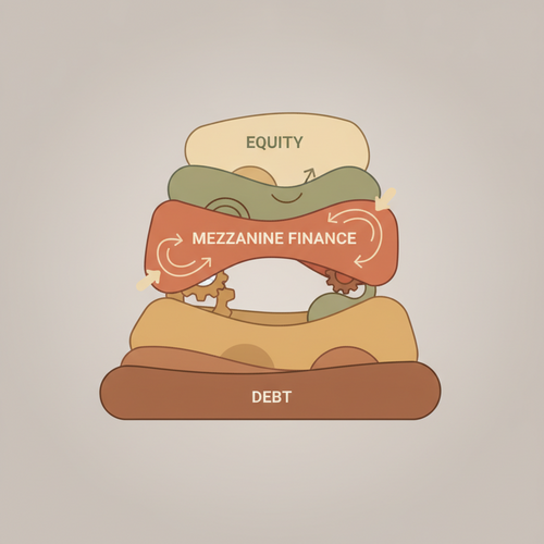 Flat design illustration depicting a layered corporate capital structure with mezzanine financing, highlighting WACC optimization.
