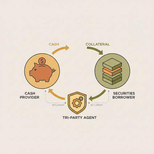 Conceptual illustration of the tri-party repo market showing cash collateralization, counterparty exposure management, and the flow of funds and securities.