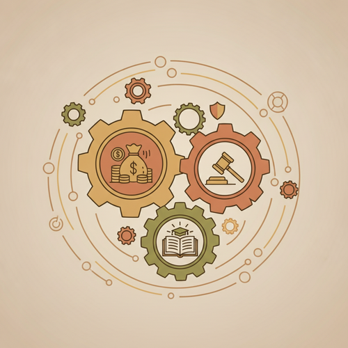 Conceptual illustration of interconnected financial gears representing UHNW estate location frameworks and 529 trust optimization.