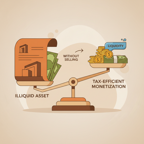 Flat design illustration showing the strategic balancing of concentrated equity assets and liquid capital, representing Ultra-High-Net-Worth Liquidity Facilities for tax-efficient monetization.