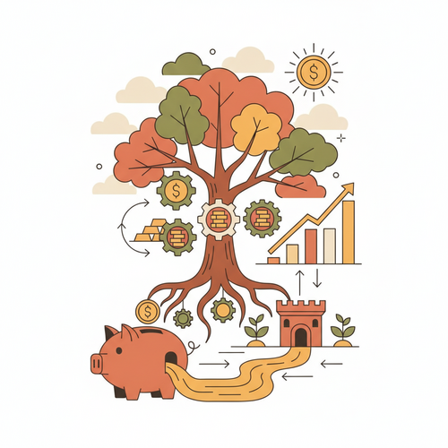 Illustration depicting university buildings connected by financial flows, symbolizing university real estate monetization strategies.