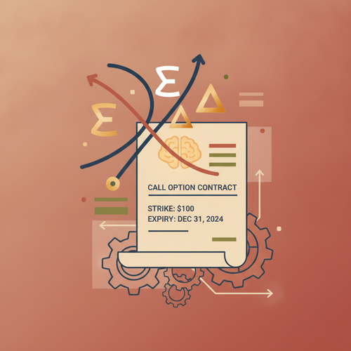 Abstract depiction of algorithmic derivatives pricing, combining mathematical symbols with financial instruments, illustrating Black-Scholes and stochastic calculus concepts.