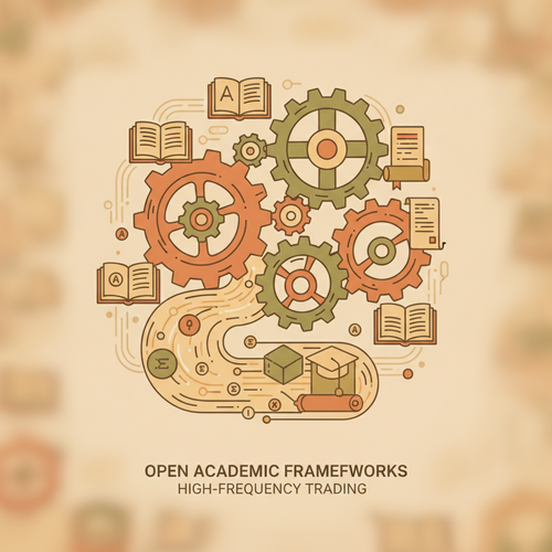 Flat design illustration showing interconnected gears and data streams, symbolizing open academic frameworks for high-frequency trading systems and their complex infrastructure.