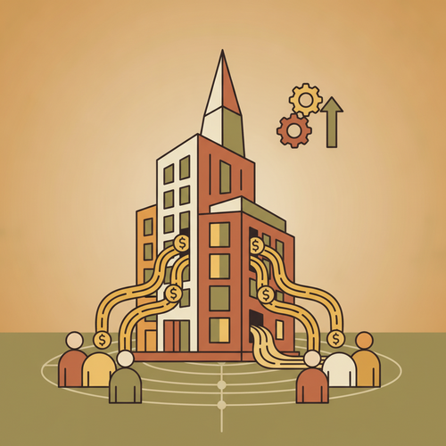 Illustration depicting alternative asset syndication, showing various investors contributing to a large private equity asset, highlighting tax advantages for high-net-worth individuals.