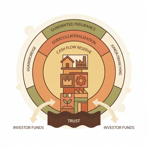 Flat design illustration of layered credit enhancement mechanisms protecting an asset-backed securitization structure, depicting financial safeguards in alternative loan syndication.