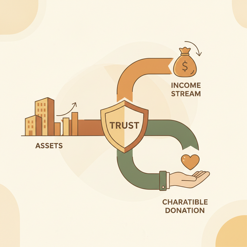 Illustration of Charitable Remainder Unitrusts (CRUTs) facilitating capital gains deferral and wealth transfer for high-net-worth estate planning.