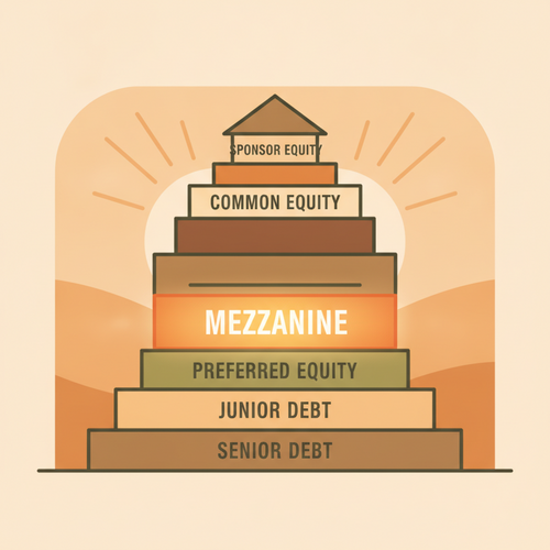 Illustration of a commercial real estate capital stack, highlighting the mezzanine debt layer, representing advanced CRE financing and yield maximization strategies.