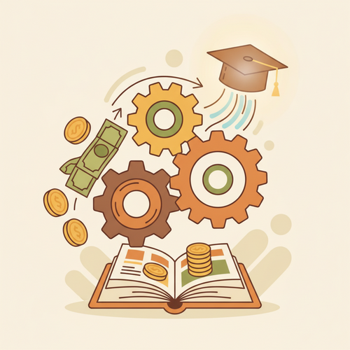 Flat design illustration showing the process of contingent educational debt underwriting, depicting an investment in education leading to future earnings.