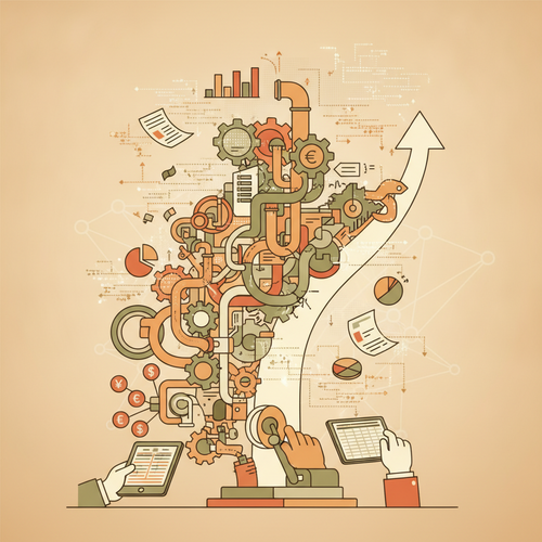 Flat design illustration showing a complex corporate structure being reorganized, with arrows indicating financial flows and debt adjustments, representing corporate restructuring and distressed debt valuation.