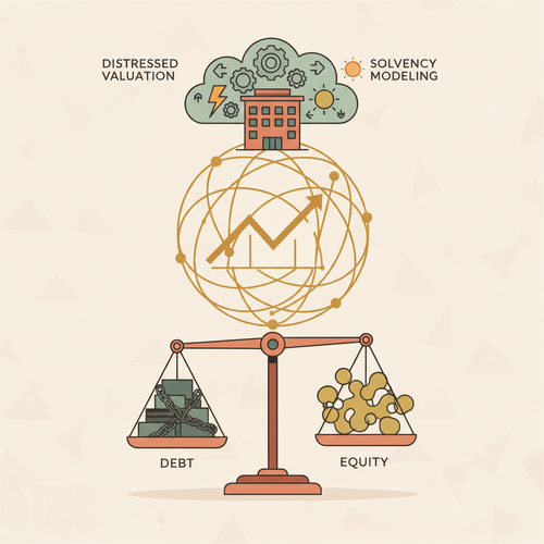 Flat design illustration showing interconnected financial concepts, charts, and a balance scale, representing corporate solvency modeling and distressed valuation.