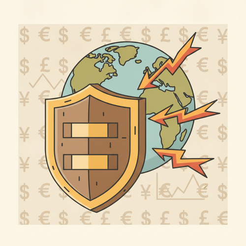 Flat design illustration showing a financial shield protecting a globe from volatile currency arrows and interest rate graphs, representing Forward Rate Agreements FX Hedging for corporate treasury.