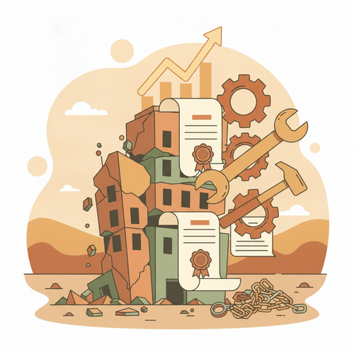 Flat design illustration depicting the process of distressed debt restructuring in Chapter 11, with legal documents, financial graphs, and gears symbolizing the complex process of rebuilding a company.