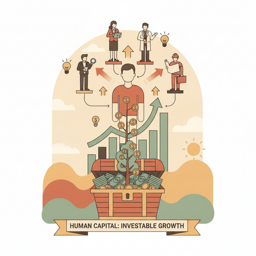 Flat design illustration of human capital securitization, showing professional figures connected to financial graphs, representing debt-to-equity multiples in specialized career tracks.