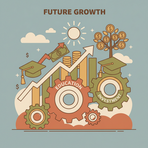 Flat design illustration depicting human capital securitization with interconnected gears representing finance and education, graduation caps, and upward trending financial charts.
