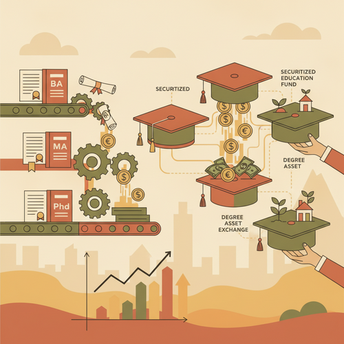 Flat design illustration depicting Income Share Agreement Securitization, showing money flowing into educational institutions and then converting into tradable assets, representing institutional capital deployment in postgraduate human capital.
