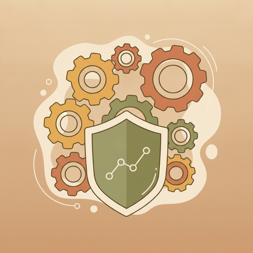 Illustration of interconnected financial gears being protected by a shield, symbolizing macroprudential capital regulation and systemic risk mitigation.