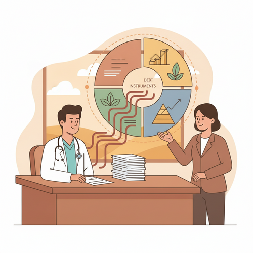Illustration of a doctor and a private banker reviewing a financial strategy for medical doctorate capital restructuring and specialized debt amortization.