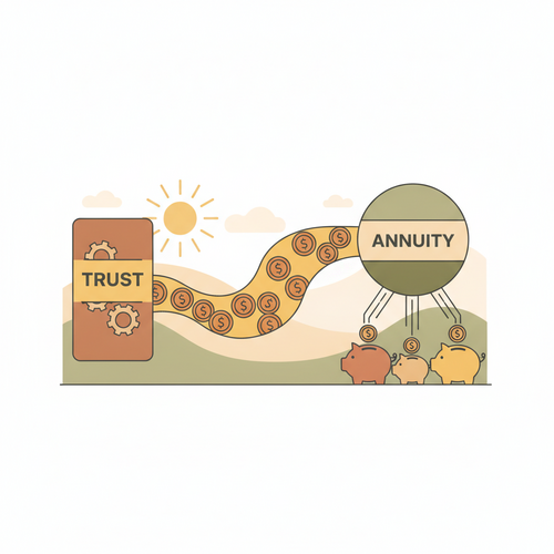Flat design illustration of a private annuity trust structure with money flowing from an individual to a trust and then back as annuity payments, representing federal transfer tax mitigation.