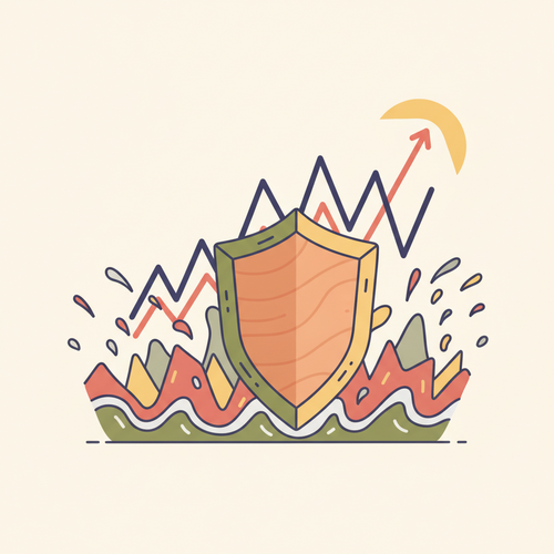 Flat design illustration of a financial shield protecting a complex loan graph from volatile market waves, symbolizing professional degree refinancing spread hedging.
