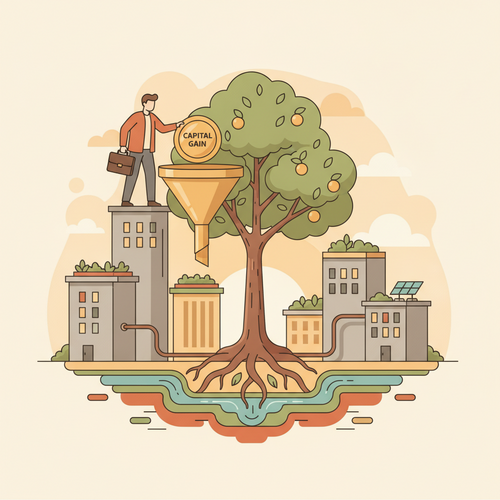 Flat design illustration depicting strategic Qualified Opportunity Zone allocations, showing capital gains flowing into a QOF, leading to a basis step-up and long-term wealth growth in an economically revitalized area.