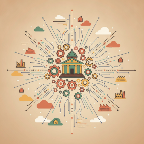 Quantitative Macroeconomics Central Bank Policy transmission mechanisms illustrated with a central bank building and abstract data flows representing economic impact.