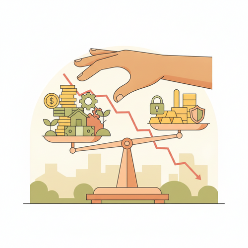 Flat design illustration of sovereign wealth fund manager optimizing alternative asset exposure in a deflationary regime, balancing various assets.