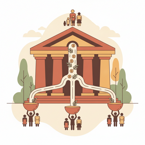Flat design illustration of a dynasty trust architecture, depicting intergenerational wealth transfer and estate tax mitigation.