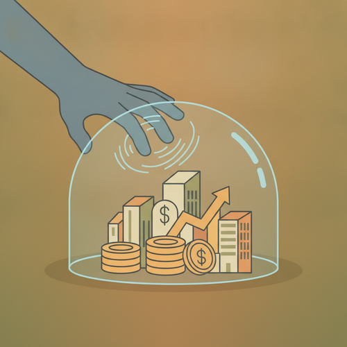 Flat design illustration of assets shielded by a translucent dome, representing foreign discretionary trust asset protection against sovereign creditor claims.