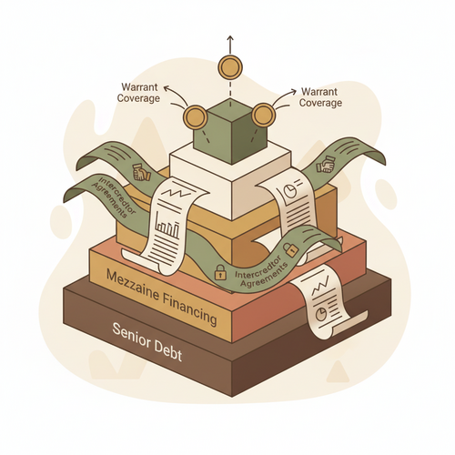 Flat design illustration of a complex financial capital stack, with different layers representing subordinated mezzanine capital, senior debt, and equity, featuring abstract elements of warrant coverage and intercreditor agreements.