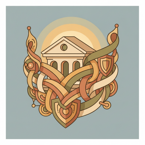 Flat design illustration depicting Synthetic Credit Risk Transfer, showing bespoke default swaps as protective layers around a financial institution for capital relief.